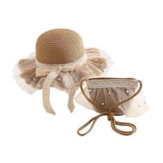 Flor de Cristal Dětský slaměný klobouk a kabelka s perlemi, tyl, 52 cm
