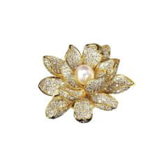 Flor de Cristal Elegantní Ozdobná Křišťálová Brož FLOWER Pearl, 4,2 x 3,7 cm, Slitina Obecných Kovů Bez Niklu a Chromu