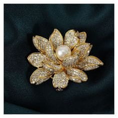 Flor de Cristal Elegantní Ozdobná Křišťálová Brož FLOWER Pearl, 4,2 x 3,7 cm, Slitina Obecných Kovů Bez Niklu a Chromu