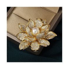 Flor de Cristal Elegantní Ozdobná Křišťálová Brož FLOWER Pearl, 4,2 x 3,7 cm, Slitina Obecných Kovů Bez Niklu a Chromu