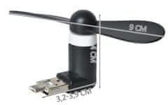 Iso Trade Mini Ventilátor microUSB USB 2W1, Černý, Plast, 9x3.9x4 cm