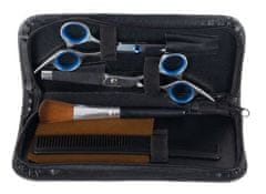 Soulima Profesionální kadeřnické nůžky a ztenčovací nástroje, stříbrné s modrými doplňky, v setu s příslušenstvím v černém nylonovém pouzdru