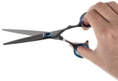 Soulima Profesionální kadeřnické nůžky a ztenčovací nástroje, stříbrné s modrými doplňky, v setu s příslušenstvím v černém nylonovém pouzdru
