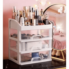Soulima Organizér na kosmetiku s 3 průhlednými zásuvkami a 6 přihrádkami, mléčný/průhledný plast, 27 x 23,5 x 17 cm
