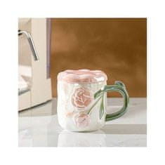 Flor de Cristal Růžový keramický hrnek s víkem a květinovým motivem, 450 ml, v dárkové krabičce