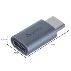 Izoxis Adaptér USB-C na Micro USB 2.0, Plug & Play, hliník/PVC, 2,3/0,6/1,1 cm