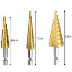 BIGSTREN Sada 3 kónických vrtáků z HHS oceli s titanovým povlakem, velikosti 4-12mm, 3-12mm a 4-20mm