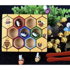 Kruzzel Dřevěná Hra "Honeycomb" s Plastovou Pinzetou a 7 Včelkami, Vícebarevná, Průměr Otvoru 3,5 cm