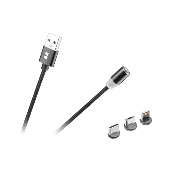 shumee Magnetický USB kabel 3v1 microUSB, USB typ C, Lightning 100 cm, černý