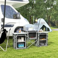 OUTSUNNY Camping Kuchyň Skládací Kuchyň Ochrana Proti Větru 3 Skříňky 3 Pracovní Desky Nastavitelný Stojan Na Světlo Camping Garden Hliník Oxford Grey 