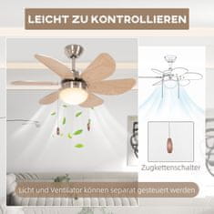 HOMCOM Stropní Ventilátor S Led Osvětlením 16W Stropní Svítidlo S Ventilátorem Závěsné Světlo 6 Oboustranných Lopatek Pro Obývací Pokoj Buk 