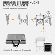 OUTSUNNY Skládací Kempingová Kuchyně, Venkovní Kuchyně S Uv Ochranou, Ochrana Proti Větru, Skříňová Přihrádka, 3 Pracovní Desky, Stojan Na Světlo, Hliník 
