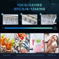 HOMCOM Stroj Na Kostky Ledu, Výrobník Ledu, 12 Kg/Den, 9 Kusů/6-12 Minut, Výrobník Kostek Ledu 1,8 L S Nádrží Na Vodu 1,7 L, 2 Velikosti Kostek Ledu, Naběračka Ledu 