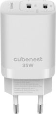 CubeNest CubeNest S2D1 GaN Adaptér 35W bílá (2× USB-C až 35 W), PD, přepěťová a podpěťová ochrana, s technologií GaN, pro iPhone