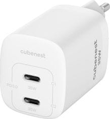 CubeNest CubeNest S2D1 GaN Adaptér 35W bílá (2× USB-C až 35 W), PD, přepěťová a podpěťová ochrana, s technologií GaN, pro iPhone