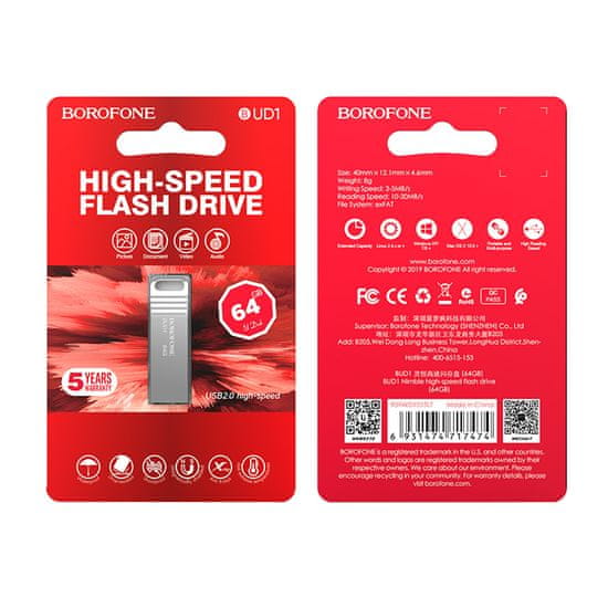 Borofone Flash disk BUD1 64GB stříbrný 108847