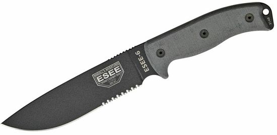 ESEE ESEE-6S-B Serrated univerzální nůž 16,5cm, černá, šedá, Micarta, plastové černé pouzdro, připínání