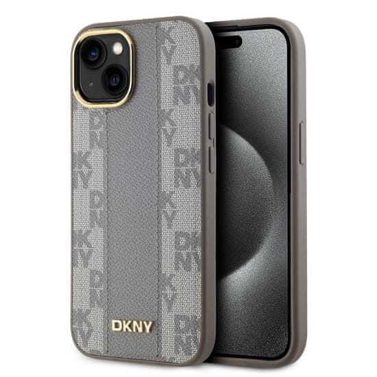 DKNY Zadní Kryt PU Leather Checkered Pattern Magsafe na iPhone 15 Beige