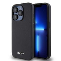 DKNY Zadní Kryt PU Leather Silver Metal Logo Magsafe pro iPhone 15 Pro černý