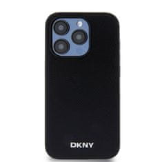 DKNY Zadní Kryt PU Leather Silver Metal Logo Magsafe pro iPhone 15 Pro černý