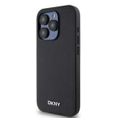 DKNY Zadní Kryt PU Leather Silver Metal Logo Magsafe pro iPhone 15 Pro černý