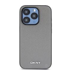 DKNY Zadní Kryt PU Leather Silver Metal Logo Magsafe pro iPhone 15 Pro Max šedý