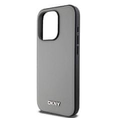 DKNY Zadní Kryt PU Leather Silver Metal Logo Magsafe pro iPhone 15 Pro Grey