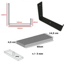 Moderix Rustikální Dřevěná Závěsná Nástěnná Police na Podpěrách Konzolách Moderix RB40BD-BBL-WD-145, Bílá, 14.5 cm, 60 cm