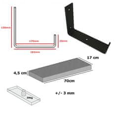 Moderix Rustikální Dřevěná Závěsná Nástěnná Police na Podpěrách Konzolách Moderix RB40BD-BBL-NB-170, Modrá, 17 cm, 70 cm