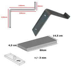 Moderix Rustikální Dřevěná Závěsná Nástěnná Police na Podpěrách Konzolách Moderix RB40BU-BUN-AG-145, Starožitná Šedá, 14.5 cm, 60 cm