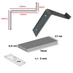 Moderix Rustikální Dřevěná Závěsná Nástěnná Police na Podpěrách Konzolách Moderix RB40BU-BUN-MO-170, Střední Dub, 17 cm, 70 cm