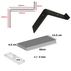 Moderix Rustikální Dřevěná Závěsná Nástěnná Police na Podpěrách Konzolách Moderix RB40BU-BBL-DO-145, Tmavý Dub, 14.5 cm, 40 cm