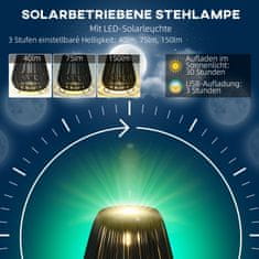 OUTSUNNY Solar Light Ratanové Vodotěsné Svítidlo Se Světelným Senzorem, Automatická Led Zahradní Lampa, Venkovní Světlo, Černá, Kov 