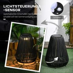 OUTSUNNY Solar Light Ratanové Vodotěsné Svítidlo Se Světelným Senzorem, Automatická Led Zahradní Lampa, Venkovní Světlo, Černá, Kov 