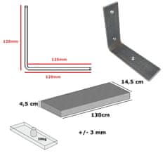 Moderix Rustikální Dřevěná Závěsná Nástěnná Police na Podpěrách Konzolách Moderix RB40-2L-BUN-MO-14, Střední Dub, 14.5 cm, 130 cm