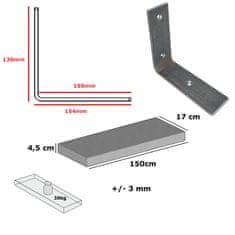 Moderix Rustikální Dřevěná Závěsná Nástěnná Police na Podpěrách Konzolách Moderix RB40-2L-BUN-PR-17, Bezbarvý Lak, 17 cm, 150 cm