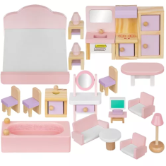 Iso Trade Dřevěná sada nábytku pro panenky, 22 ks, bílá a růžová, rozměry v balení: 21 x 21 x 14 cm