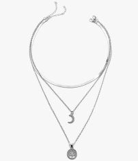 Camerazar Stříbrný náhrdelník Boho s přívěsky měsíce a stromu, délka 34 cm + 6 cm prodloužení, bižuterní kov