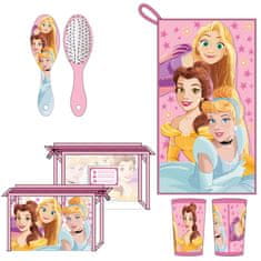 CurePink Kosmetický dárkový set Disney: Princezny malý ručník, hřeben, kelímek (23 x 15 x 8 cm)