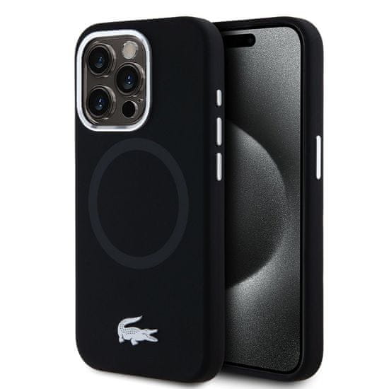 Lacoste Zadní kryt Liquid Silicone Microfiber Silver Croc Logo MagSafe pro iPhone 15 Pro Max Black