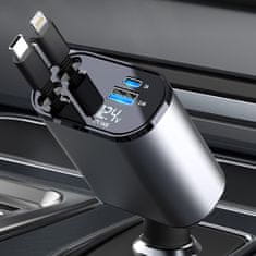 Netscroll Automobilová nabíječka 4 v 1, umožňuje nabíjet až čtyři různá zařízení najednou, 2x USB vstup (USB-A, USB-C), 2x kabel USB-C, pro Android a iPhone, DualCharger