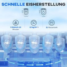 HOMCOM Stroj Na Výrobu Ledových Kostek Výrobník Kostek Ledu 9 Kostek Připravených Za 6-10 Minut, 12 Kg/24 H, Vodárna S 3L Nádržkou Na Vodu Do Kuchyně, Stříbrná 
