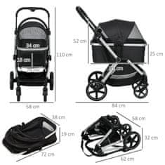 PAWHUT Dog Buggy Vozík Pro Psy S Pláštěnkou Vozík Pro Mazlíčky Kočičí Buggy S Bezpečnostními Vodítky Buggy Pro Malé Psy Oxford Black 84 X 58 X 110 Cm 