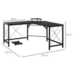 HOMCOM Rohový Stůl Počítačový Stůl Ve Tvaru L Se Stojanem Na Monitor, Průmyslový Design, Ocel, Černá, 150X150X76Cm 