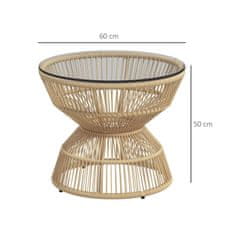 OUTSUNNY Odkládací Stolek Rattan, Ø60 Cm, Konferenční Stolek, Zahradní Stůl S Deskou Z Tvrzeného Skla, Balkonový Stůl V Boho Designu, Konferenční Stolek, Přírodní Dřevo 