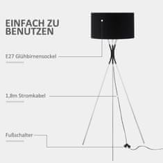 HOMCOM Stojací Lampa Stativ Elegantní Stojací Lampa Do Obývacího Pokoje 40W, E27, Látkové Stínidlo A Kovová Základna, Černá+Stříbrná, 40W 