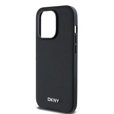 DKNY Zadní Kryt PU Leather Silver Metal Logo Magsafe pro iPhone 14 Pro Max černý