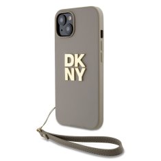 DKNY Zadní Kryt PU Leather Stack Logo Wrist Strap pro iPhone 15 Beige