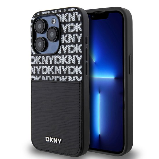 DKNY Zadní Kryt PU Leather Repeat Pattern Card Pocket pro iPhone 14 Pro Black