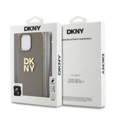 DKNY Zadní Kryt PU Leather Stack Logo Wrist Strap pro iPhone 15 Pro Beige